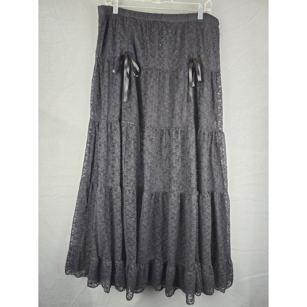 Cosmic Aura Maxi Skirt Womens XL Black Floral Lace Tiered Ruffle Goth Romantic